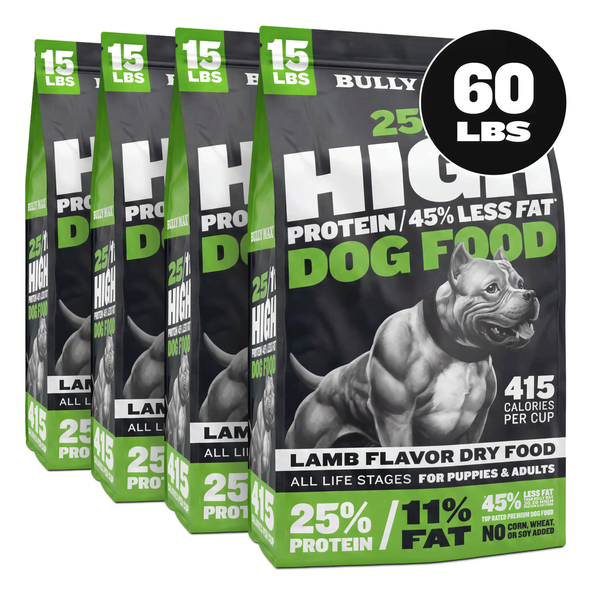 Bully Max 25/11 High Protein Lamb Dog Food (45% less fat), 60 lb bag, front of bag