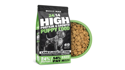 Puppy growth chart: bag of Bully Max 24/14 High Protein & Growth puppy food with a bowl of kibble