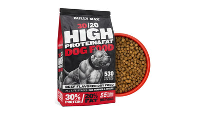 Bag of Bully Max 30/20 High Protein & Fat beef dog food with a bowl of kibble