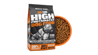 Bag of Bully Max 30/20 High Protein & Fat chicken dog food with a bowl of kibble