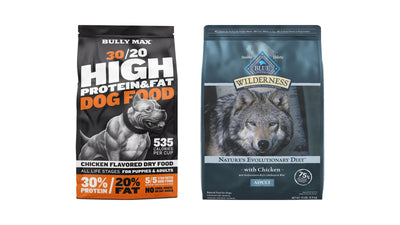 Bully Max 30/20 High Protein Dog Food bag beside Blue Buffalo Wilderness Adult Chicken bag