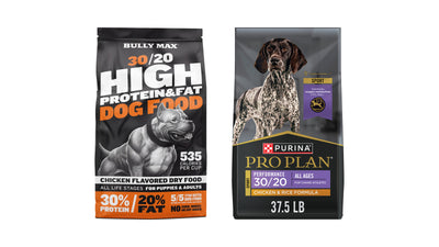 Bully Max 30/20 High Protein Dog Food bag beside Purina Pro Plan Sport Performance 30/20 Chicken & Rice bag