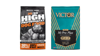 Bully Max 30/20 High Protein Dog Food bag beside VICTOR Classic Hi-Pro Plus bag
