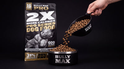 Bully Max Pro Series 31/25 dog food bag beside a Bully Max bowl being filled with kibble: how many cups in a pound of dog food