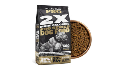 Bag of Bully Max PRO Series 31/25 high calorie dog food with a bowl of kibble