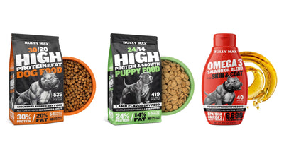 Bully Max 30/20 dog food, 24/14 puppy food and Omega-3 Salmon Oil side by side
