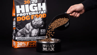 Dog food calculator: Bully Max 30/20 dog food bag beside a Bully Max bowl being filled with a measured scoop of kibble