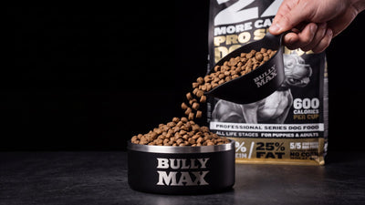 Bully Max dog food comparison: Pro Series dog food bag behind a Bully Max bowl being filled with kibble