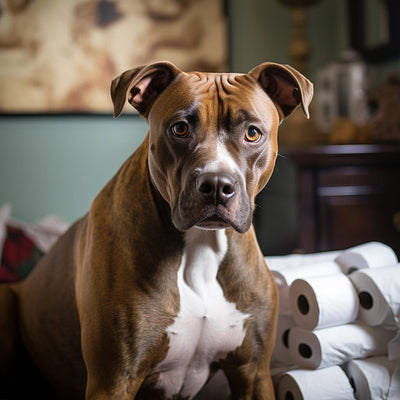 pitbull looking at the camera with sad face, toilet rolls around him, loose stools