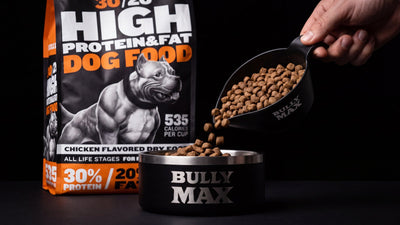 How to store dry dog food: Bully Max 30/20 High Protein & Fat dog food bag with kibble poured from a scoop into a Bully Max bowl