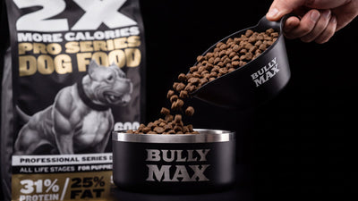 Bully Max kibble pouring from a scoop into a Bully Max bowl