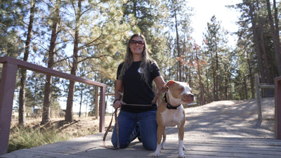 Handler Stephanie Lamp kneeling with her red nose pit bull on a wooden trail bridge