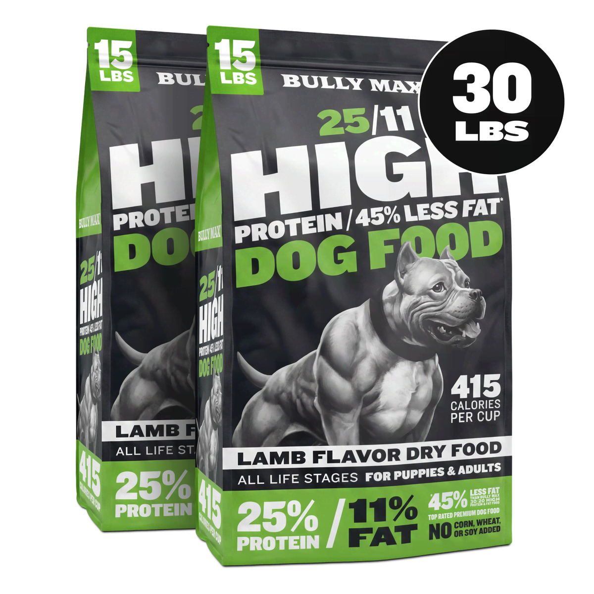 Bully Max 25/11 High Protein Lamb Dog Food (45% less fat), 30 lb bag, front of bag