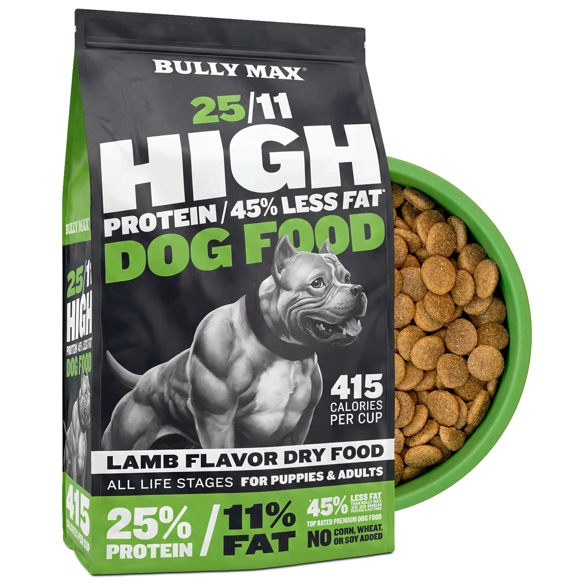Bully Max 25/11 High Protein Lamb Dog Food (45% less fat), front of bag with a bowl of the kibble