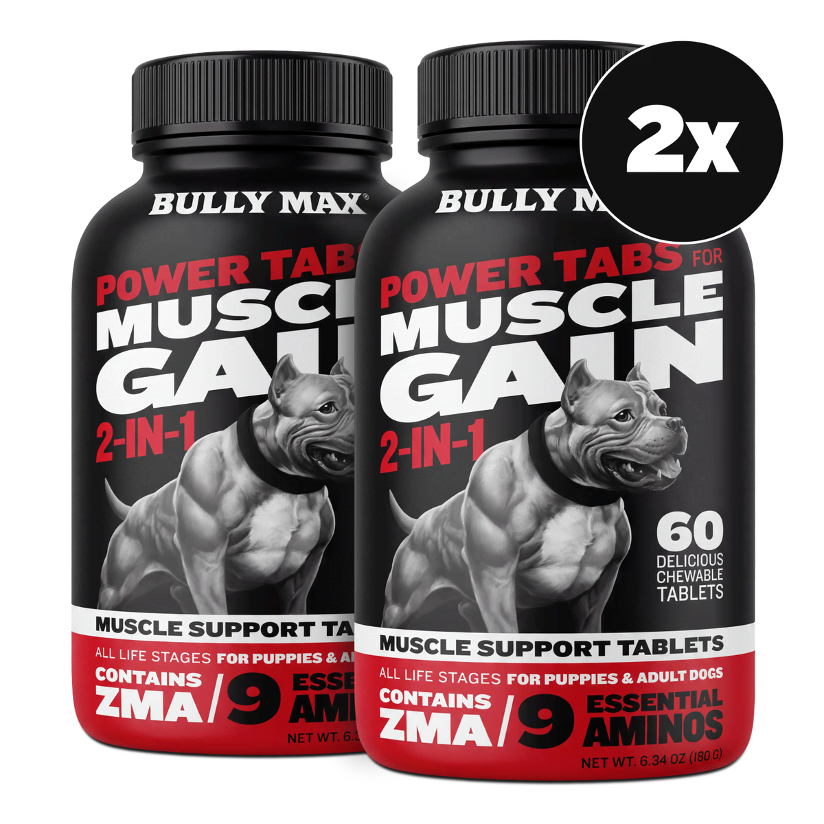 Two bottles of Bully Max Power Tabs for Muscle Gain 2-in-1 (2-pack)