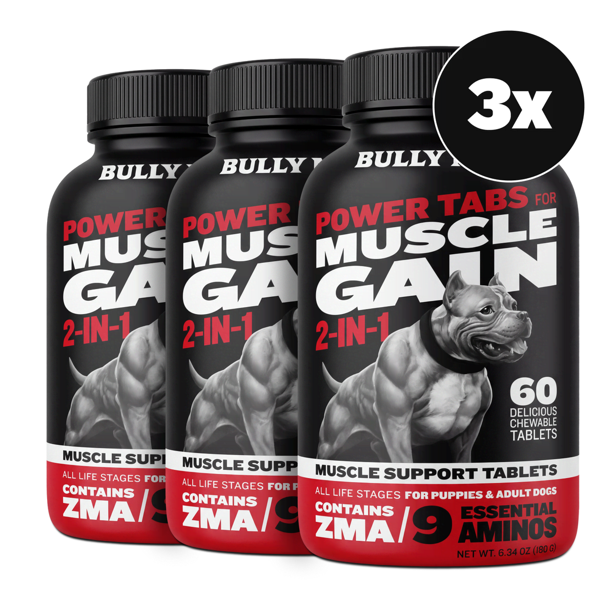 Three bottles of Bully Max Power Tabs for Muscle Gain 2-in-1 (3-pack)