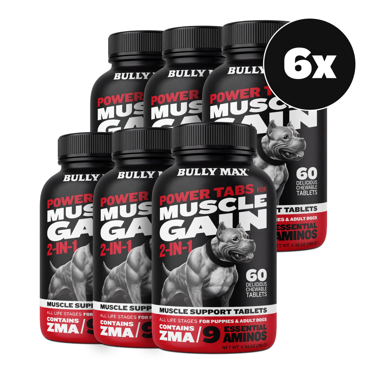 Six bottles of Bully Max Power Tabs for Muscle Gain 2-in-1 (6-pack)