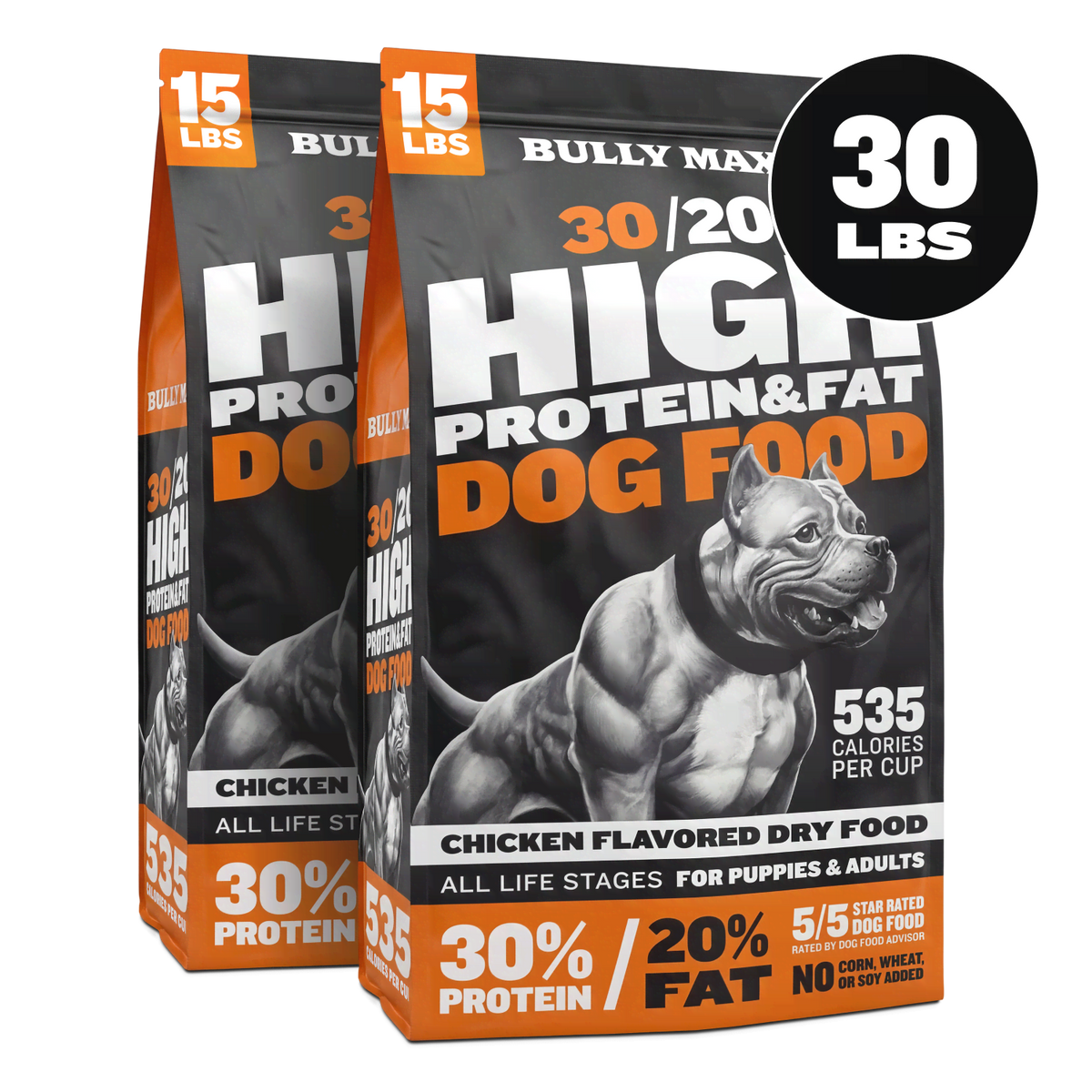 Bully Max 30/20 High Protein Chicken Dog Food, 30 lb bag, front of bag