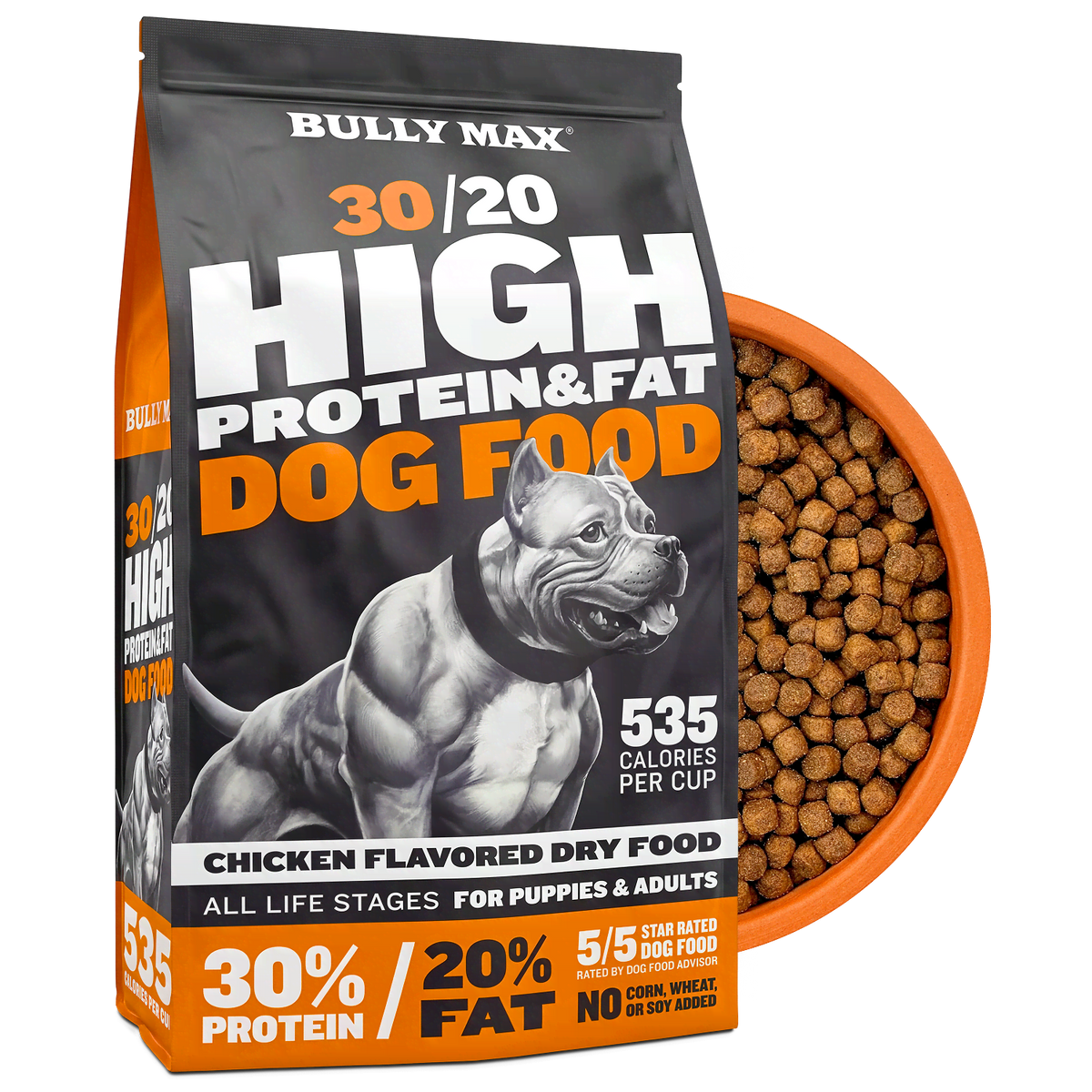 Bully Max 30/20 High Protein Chicken Dog Food, front of bag with a bowl of the kibble