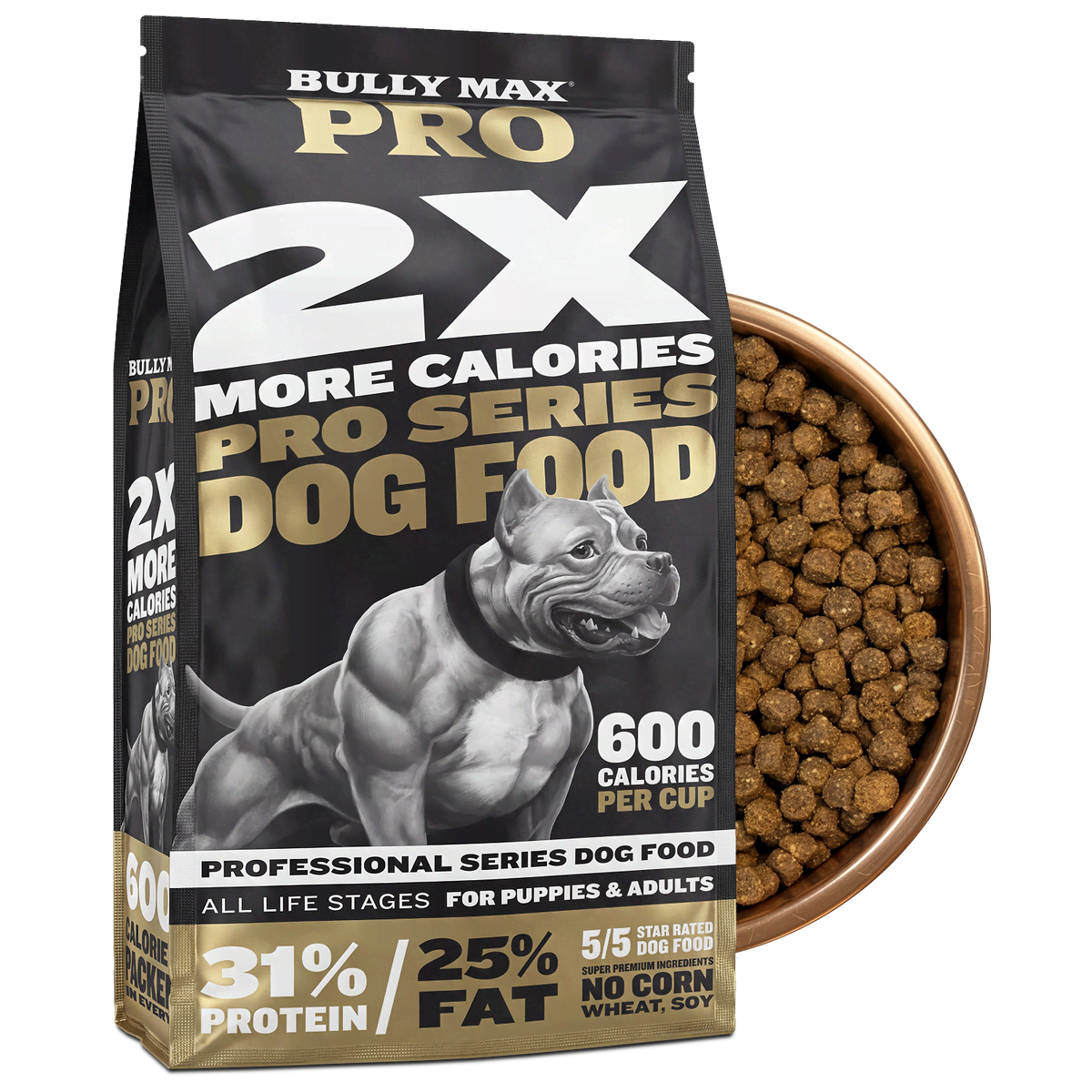 Bully Max PRO Series 31/25 High Calorie Dog Food, front of bag with a bowl of the kibble