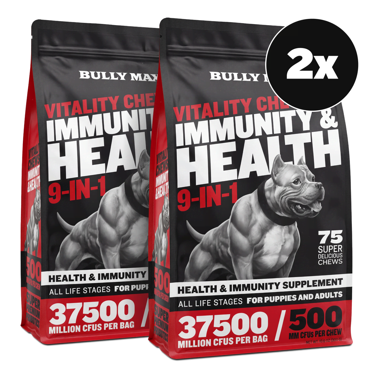 Two bags of Bully Max Vitality Chews 9-in-1 for Allergies, Joints and Daily Vitamins (2-pack)