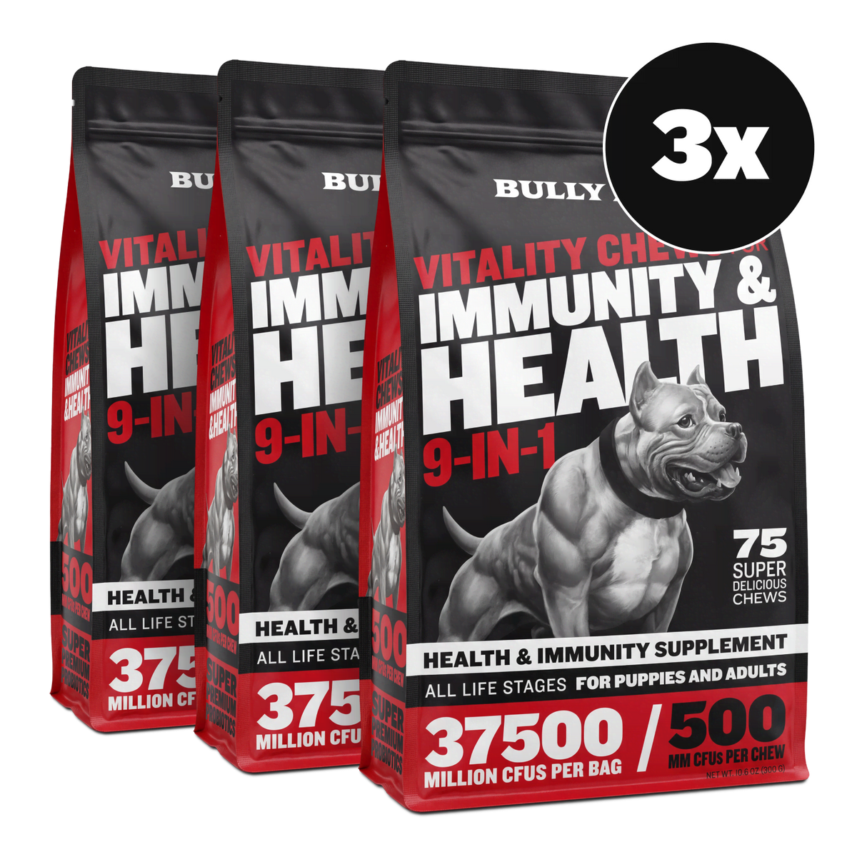 Three bags of Bully Max Vitality Chews 9-in-1 for Allergies, Joints and Daily Vitamins (3-pack)