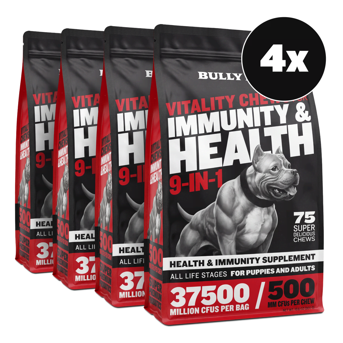 Four bags of Bully Max Vitality Chews 9-in-1 for Allergies, Joints and Daily Vitamins (4-pack)