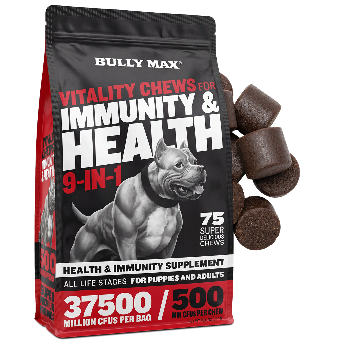 Bully Max Vitality Chews 9-in-1 for Allergies, Joints and Daily Vitamins, front of bag with a pile of the soft chews