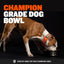 Heavy-Duty Steel Dog Bowls: red and white pit bull in an orange Bully Max collar eating from the black Bully Max steel bowl. Text: champion grade dog bowl, used by ADBA top dog champion Linus