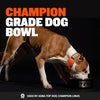 Heavy-Duty Steel Dog Bowls: red and white pit bull in an orange Bully Max collar eating from the black Bully Max steel bowl. Text: champion grade dog bowl, used by ADBA top dog champion Linus