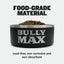 Heavy-Duty Steel Dog Bowls: black steel bowl filled with kibble. Text: food-grade material, lead-free, non-corrosive and non-absorbent
