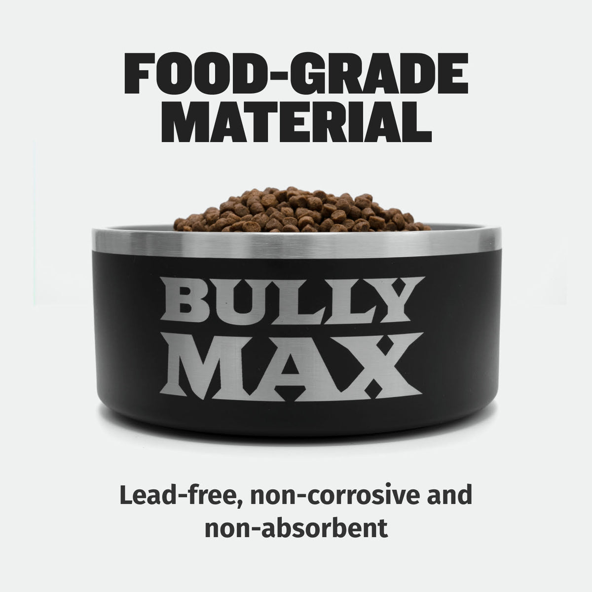 Heavy-Duty Steel Dog Bowls: black steel bowl filled with kibble. Text: food-grade material, lead-free, non-corrosive and non-absorbent