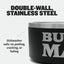 Heavy-Duty Steel Dog Bowls close-up of the steel rim and black wall. Text: double-wall stainless steel, dishwasher safe with no peeling, cracking or fading