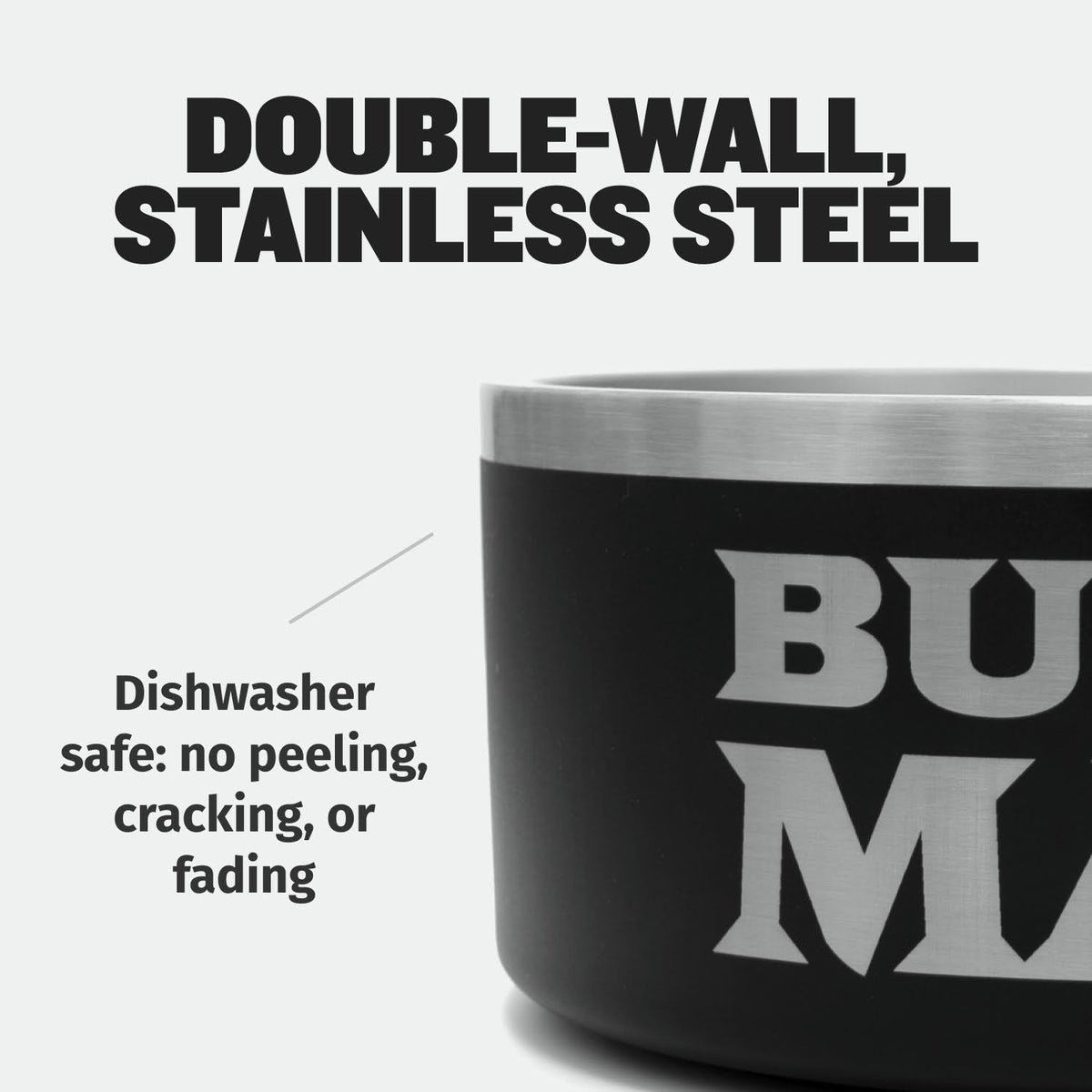 Heavy-Duty Steel Dog Bowls close-up of the steel rim and black wall. Text: double-wall stainless steel, dishwasher safe with no peeling, cracking or fading