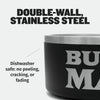 Heavy-Duty Steel Dog Bowls close-up of the steel rim and black wall. Text: double-wall stainless steel, dishwasher safe with no peeling, cracking or fading