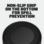 Heavy-Duty Steel Dog Bowls: underside of the bowl showing the black non-slip base. Text: non-slip grip on the bottom for spill prevention