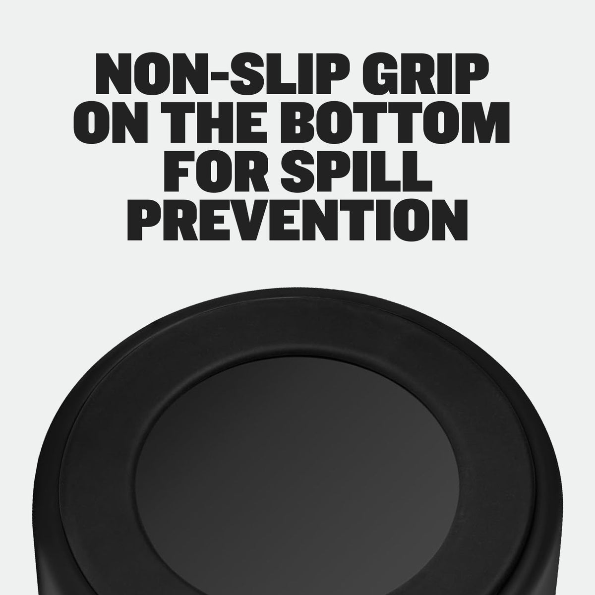 Heavy-Duty Steel Dog Bowls: underside of the bowl showing the black non-slip base. Text: non-slip grip on the bottom for spill prevention
