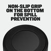 Heavy-Duty Steel Dog Bowls: underside of the bowl showing the black non-slip base. Text: non-slip grip on the bottom for spill prevention