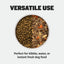 Heavy-Duty Steel Dog Bowls versatile use: top view of the bowl half filled with dry kibble and half with fresh food. Text: perfect for kibble, water or instant fresh dog food
