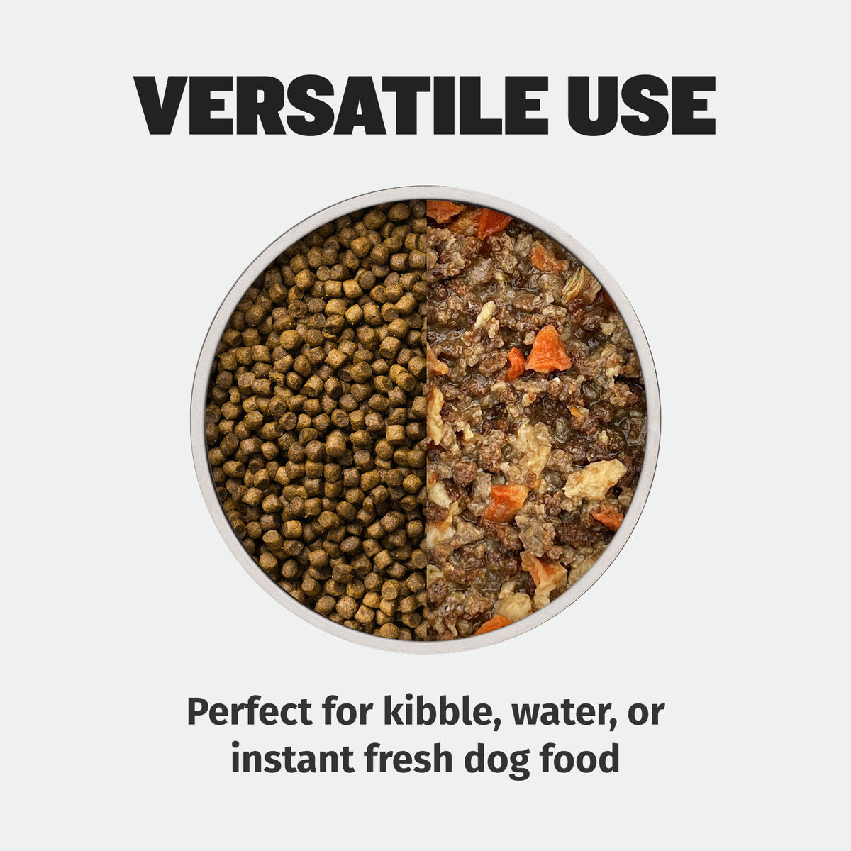 Heavy-Duty Steel Dog Bowls versatile use: top view of the bowl half filled with dry kibble and half with fresh food. Text: perfect for kibble, water or instant fresh dog food