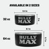 Heavy-Duty Steel Dog Bowls size chart: 32 oz bowl 6.4 in wide by 3 in tall and 64 oz bowl 8.1 in wide by 3.7 in tall, available in 2 sizes