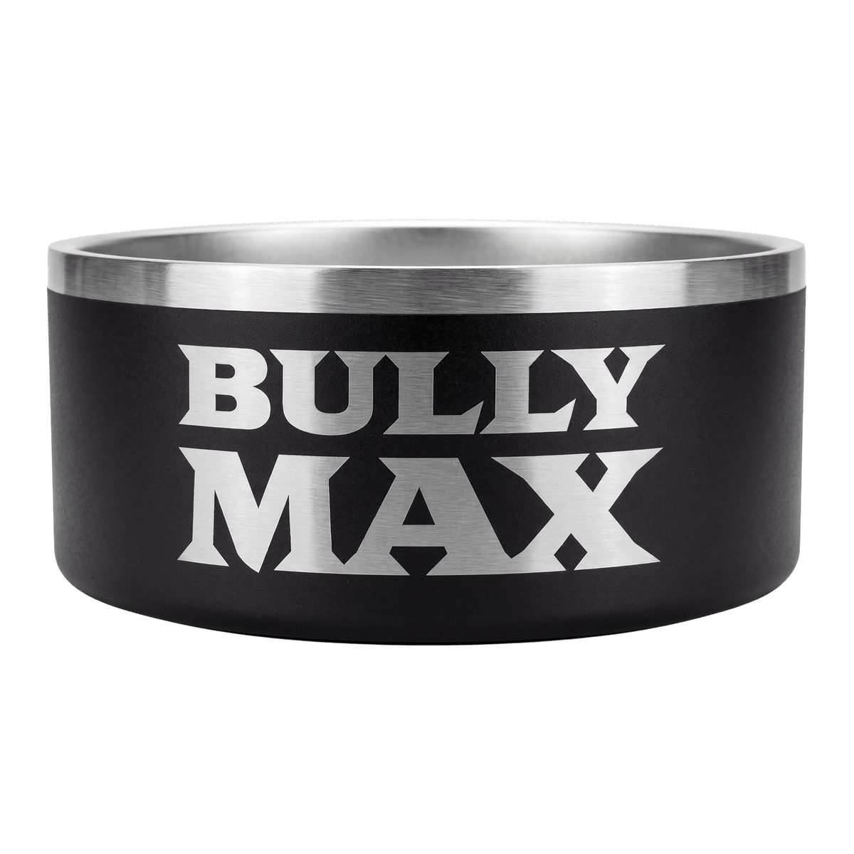 Heavy-Duty Steel Dog Bowls: black powder-coated stainless steel bowl with a brushed steel rim and silver Bully Max logo, front view on white